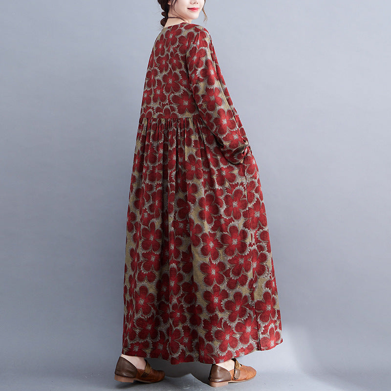 Loose Cotton and Linen Floral Print Dress Long Sleeve