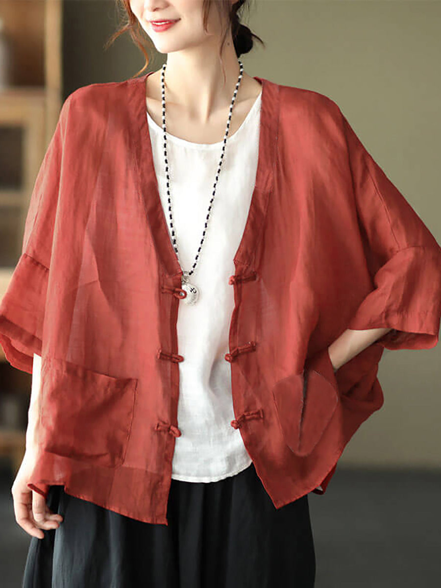 Women Casual Ramie Pocket Vintage Sunscreen Cardigans