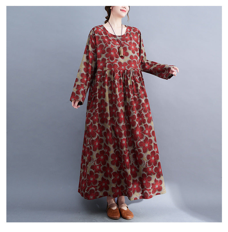 Loose Cotton and Linen Floral Print Dress Long Sleeve