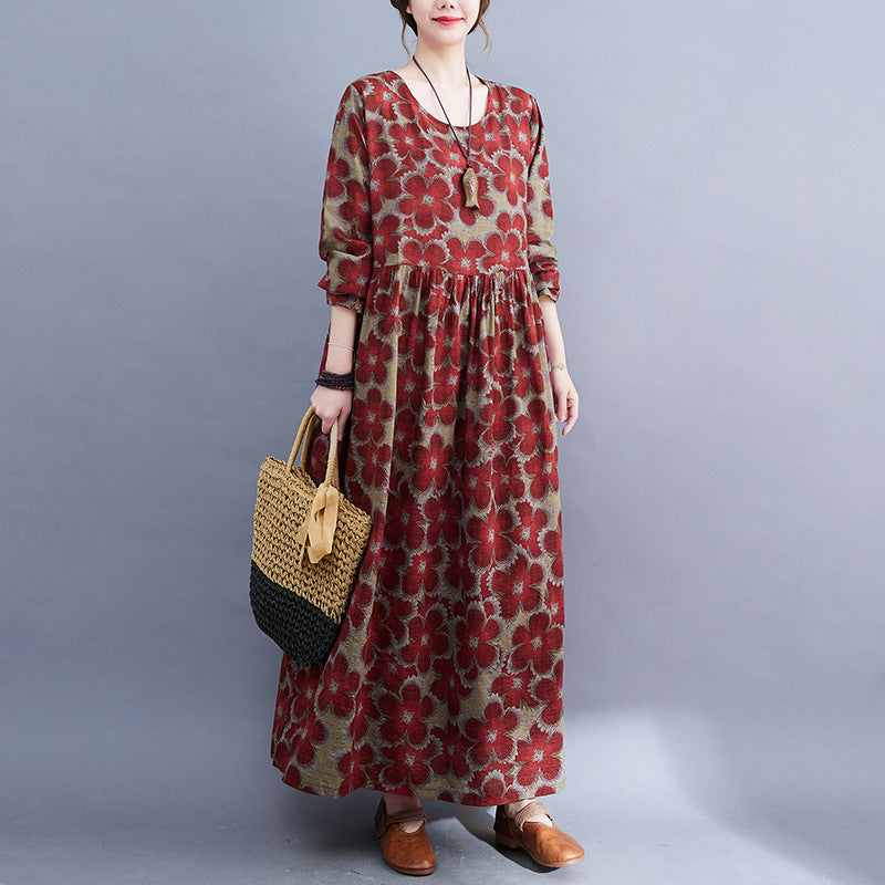 Loose Cotton and Linen Floral Print Dress Long Sleeve