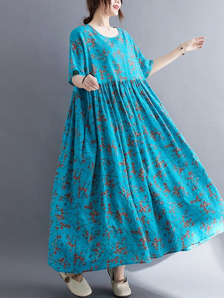 Fashion Print Cotton Linen Dress Boho Long Dress