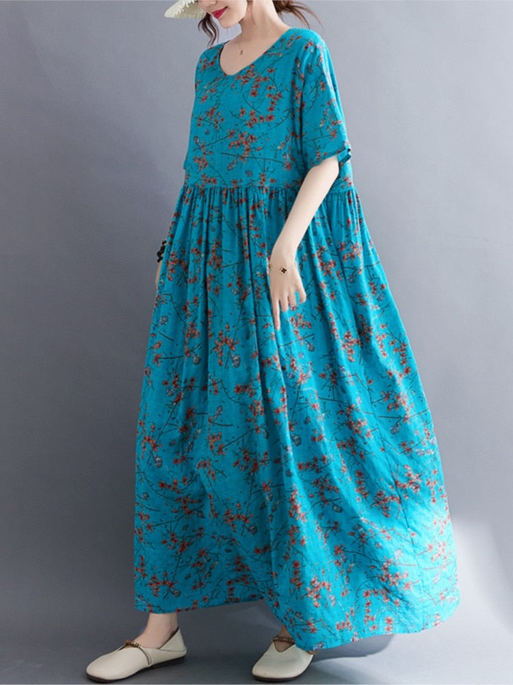 Fashion Print Cotton Linen Dress Boho Long Dress