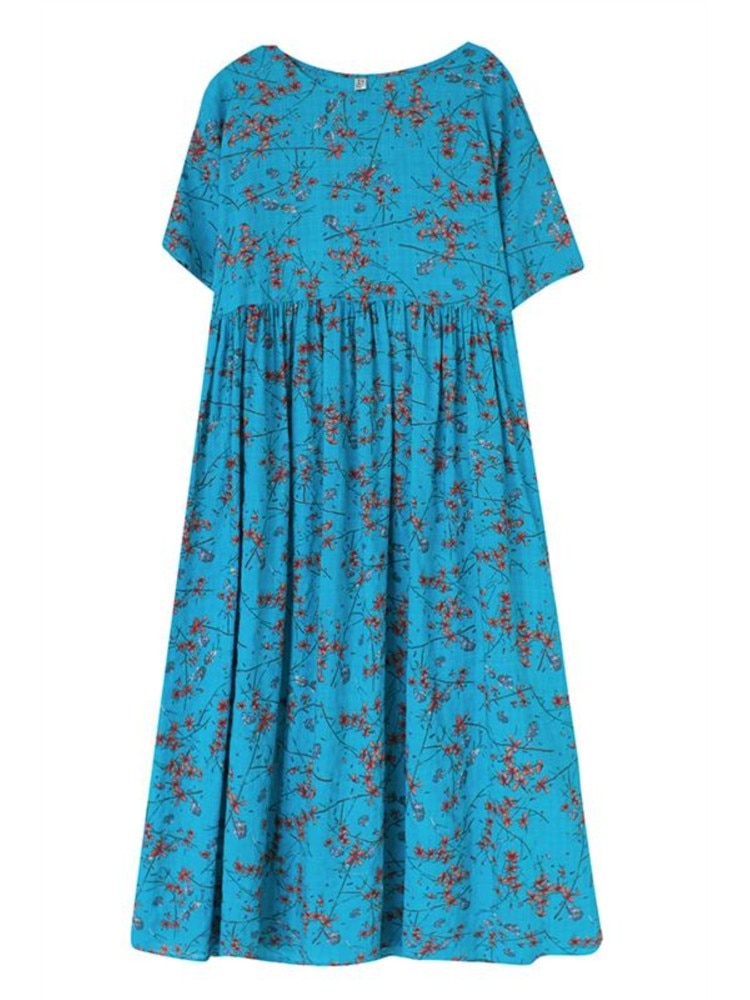 Fashion Print Cotton Linen Dress Boho Long Dress