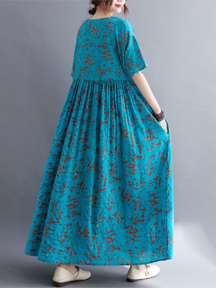 Fashion Print Cotton Linen Dress Boho Long Dress