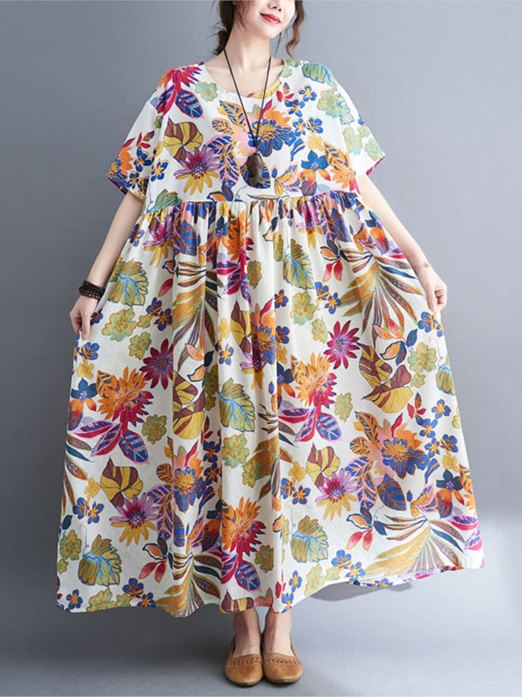 Women Fashion Floral Print Boho Long Dress Short Sleeve