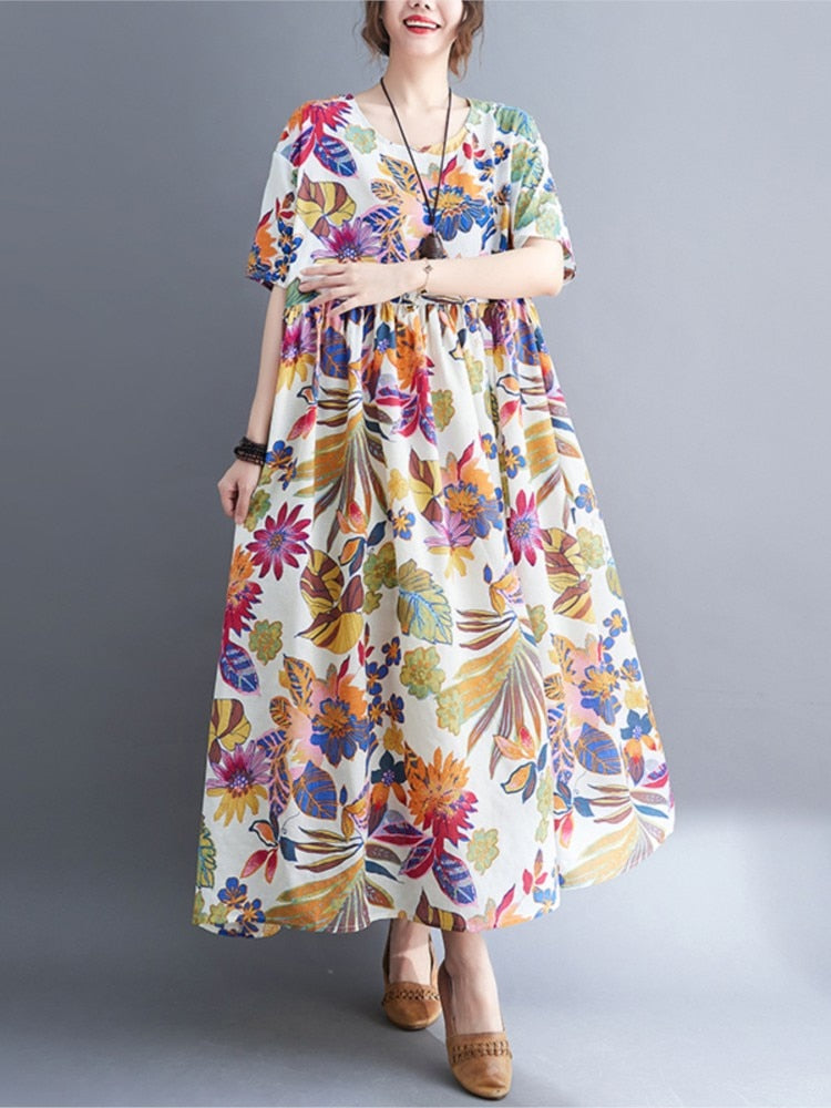 Women Fashion Floral Print Boho Long Dress Short Sleeve