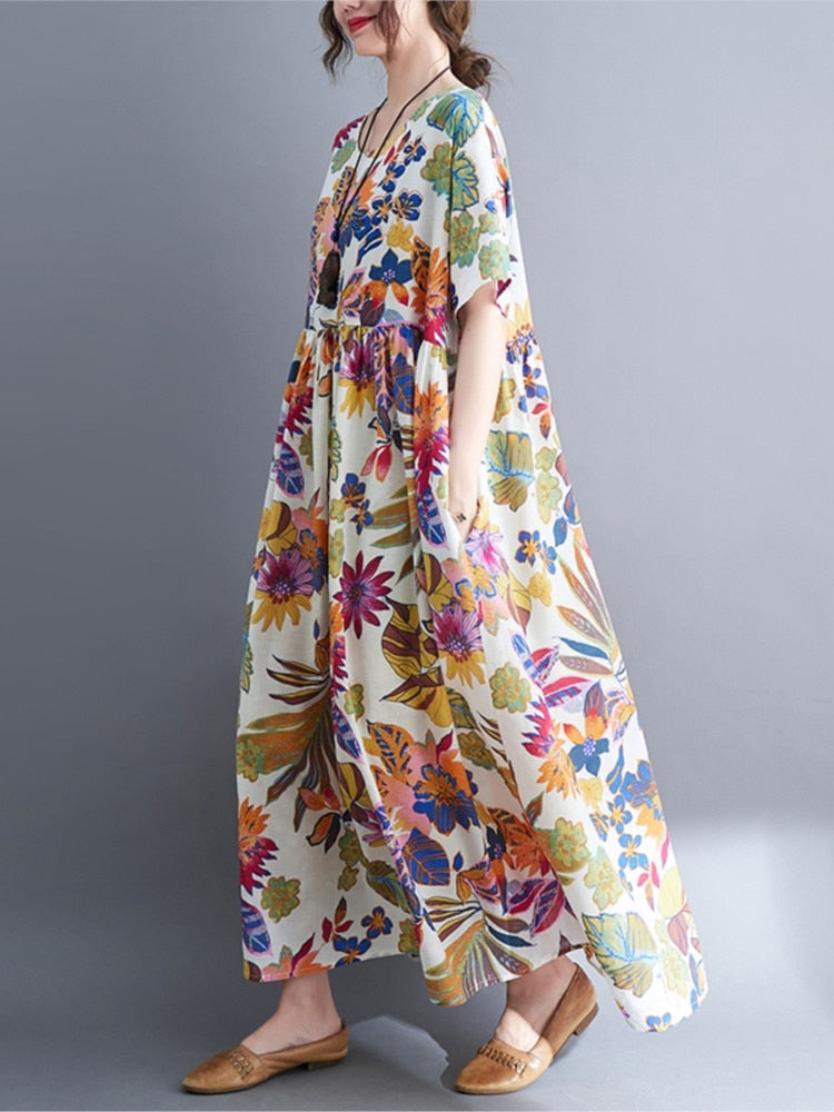 Women Fashion Floral Print Boho Long Dress Short Sleeve