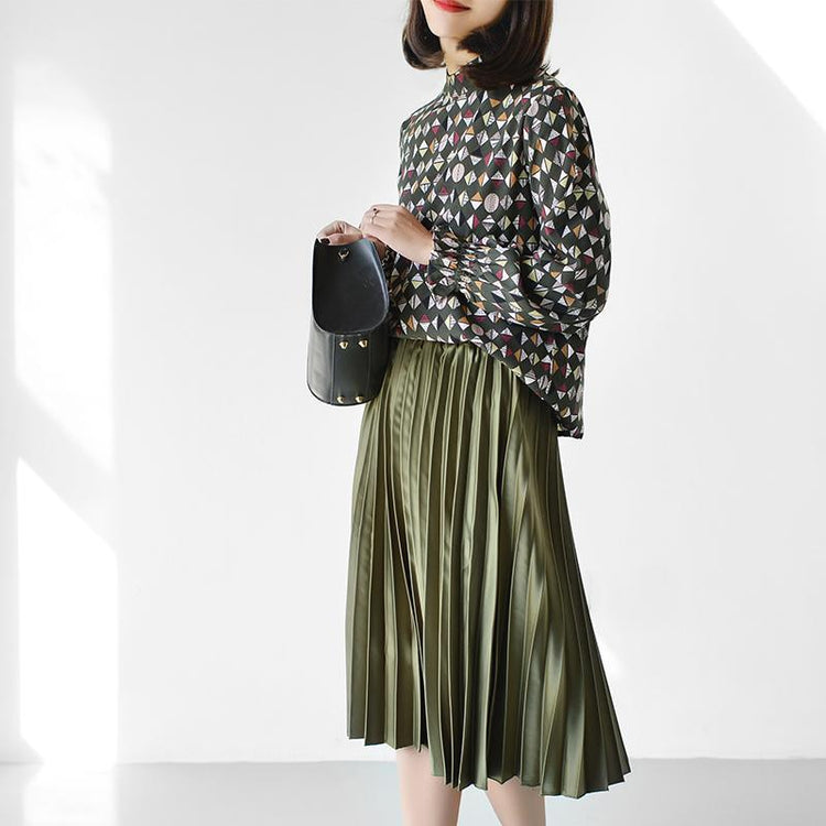 Olive Satin pleated skirt new 2017 knee length - Omychic