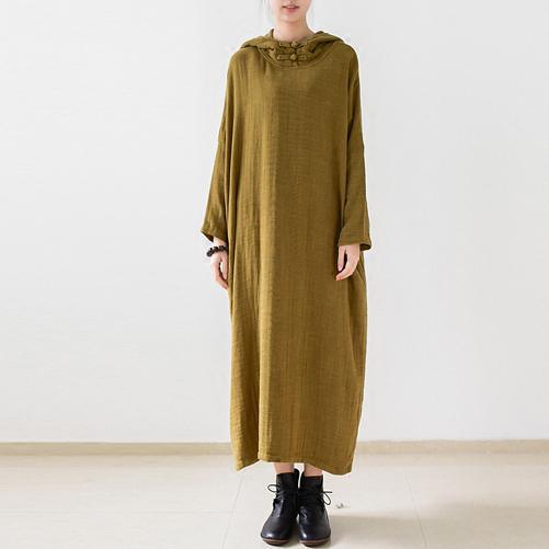 Olive double layered long sleeve linen dresses hooded long cotton maxi dresses - Omychic