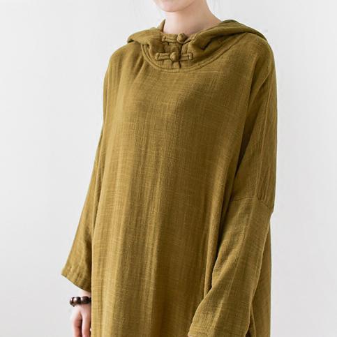 Olive double layered long sleeve linen dresses hooded long cotton maxi dresses - Omychic