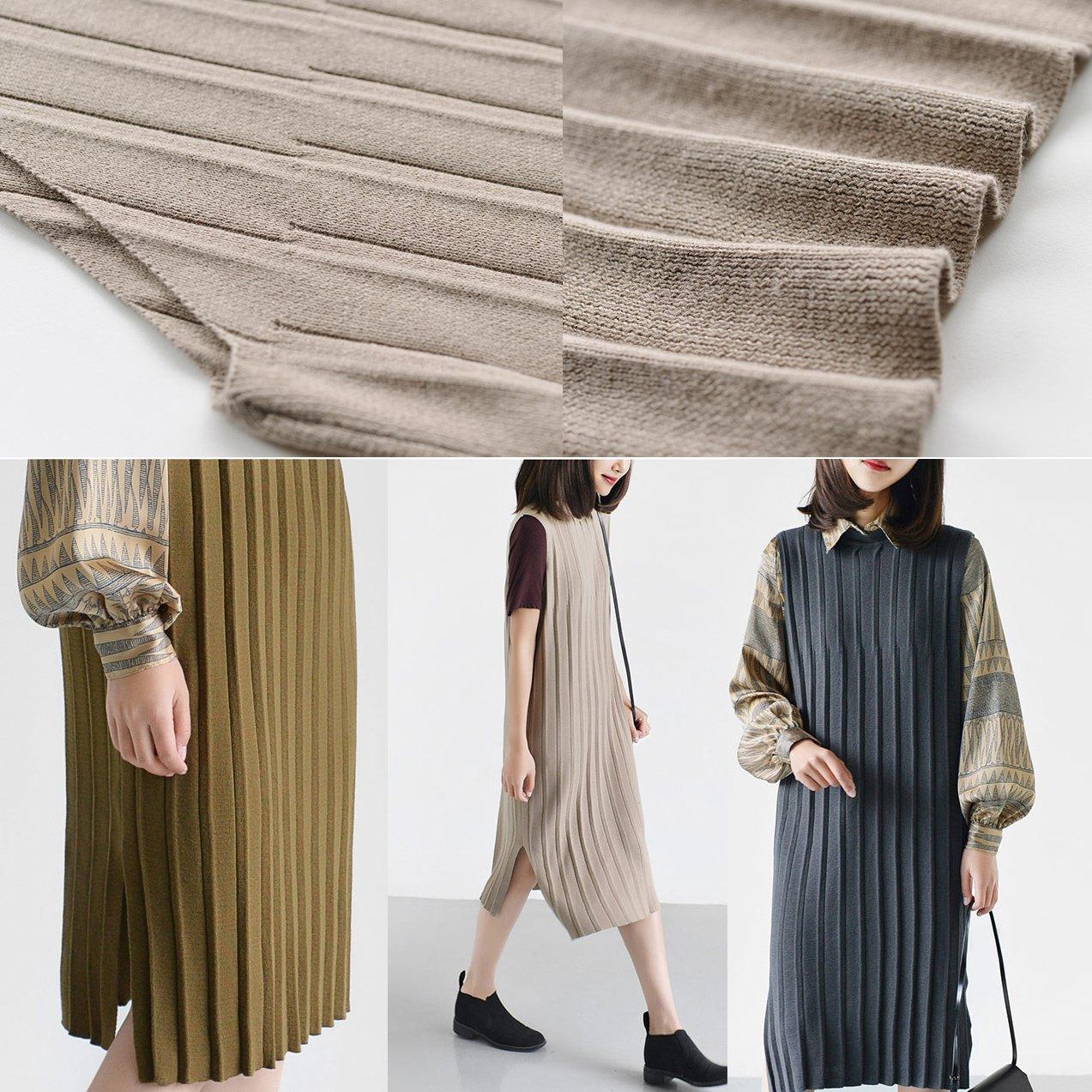 Olive knit pleated dress plus size high neck sleeveless dresses - Omychic