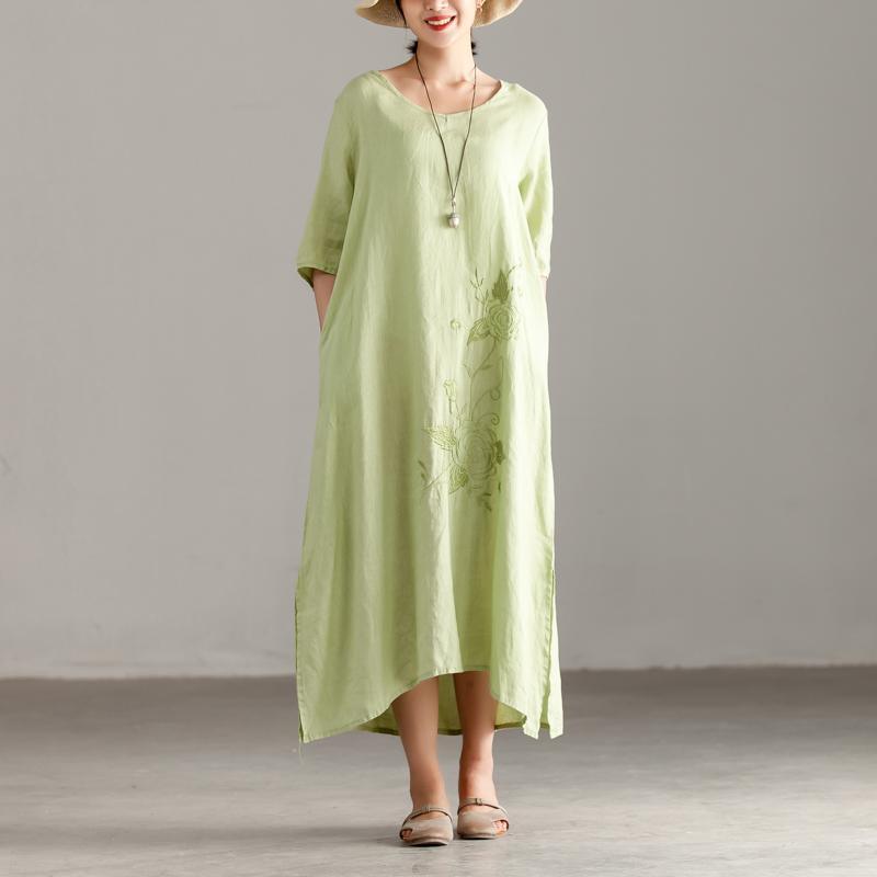 Omychic long linen dresses oversize Casual Pleated Short Sleeve Embroidery Summer Dress - Omychic