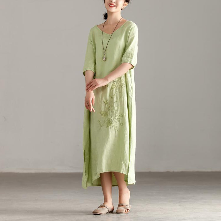 Omychic long linen dresses oversize Casual Pleated Short Sleeve Embroidery Summer Dress - Omychic