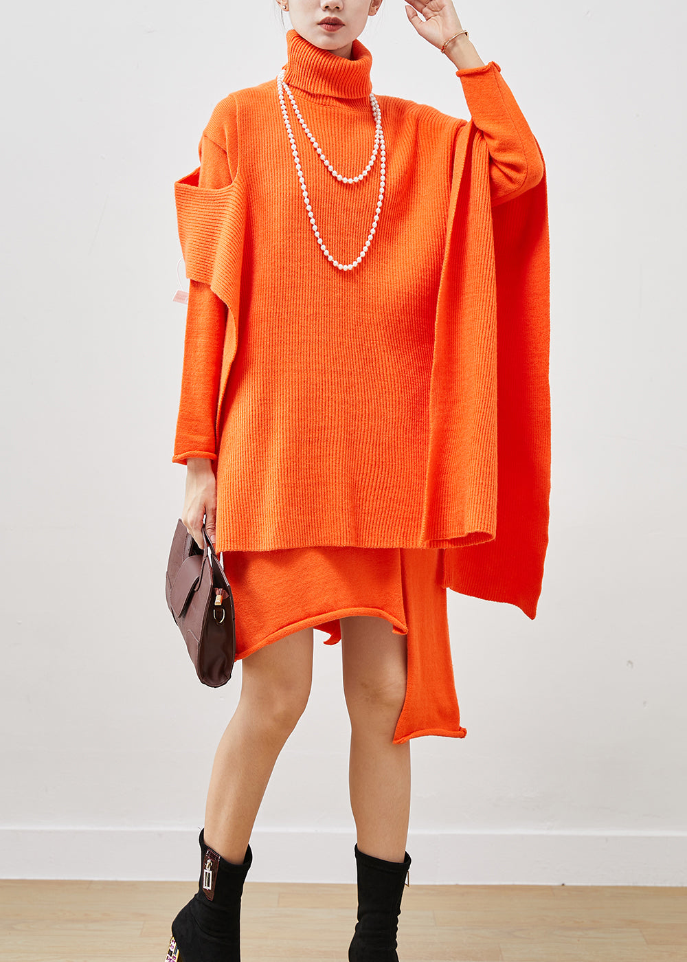 Orange Asymmetrical Knit Dress Two Pieces Set Turtle Neck Spring