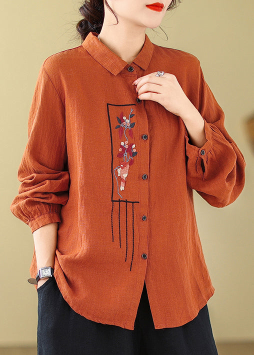 Orange Button Cotton Shirt Top Peter Pan Collar Fall – Omychic
