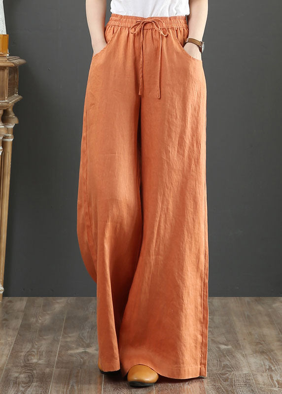 Orange Elastic Waist Linen Straight Pants Solid Color Drawstring Summer