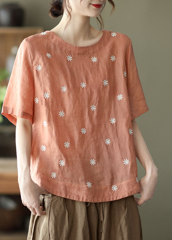 Orange Floral Embroideried Linen Blouses top Short Sleeve