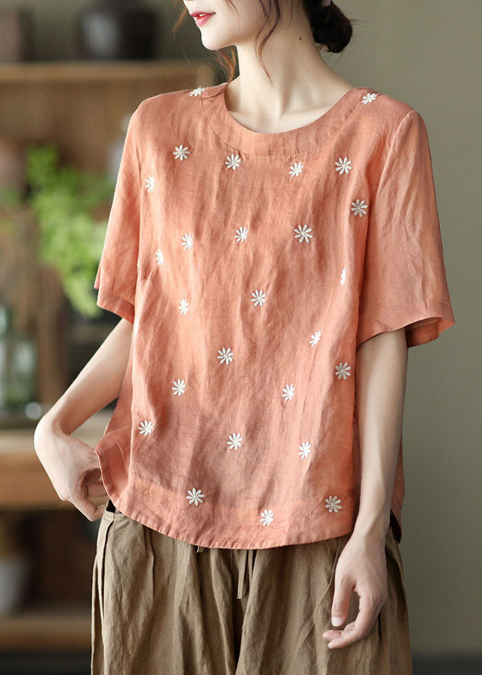 Orange Floral Embroideried Linen Blouses top Short Sleeve