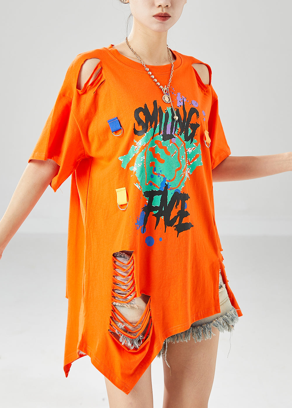 Orange Hollow Out Cotton Ripped Tank Oversized Print Summer