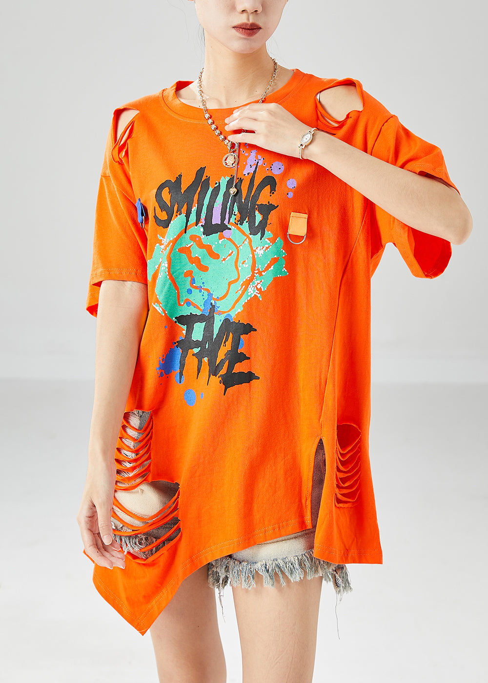 Orange Hollow Out Cotton Ripped Tank Oversized Print Summer