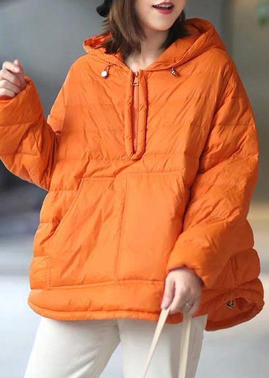 Orange Hooded Zippered Pockets Winter Duck Down Long Sleeve Down Jacket - Omychic