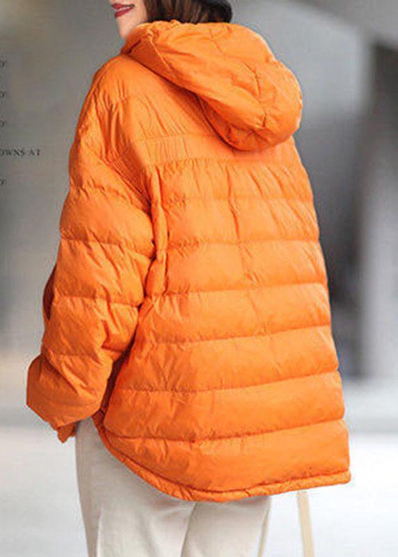 Orange Hooded Zippered Pockets Winter Duck Down Long Sleeve Down Jacket - Omychic