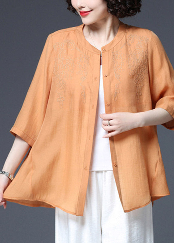 Orange O-Neck Button Top Three Quarter sleeve