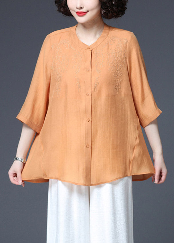 Orange O-Neck Button Top Three Quarter sleeve