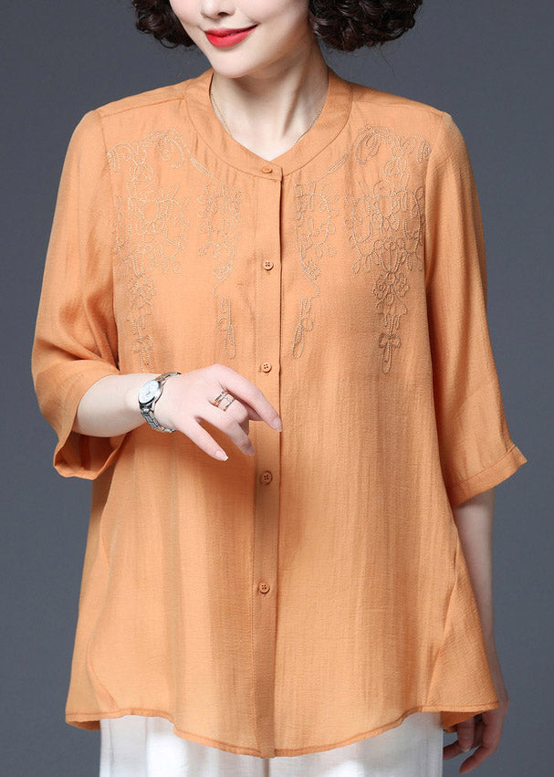 Orange O-Neck Button Top Three Quarter sleeve