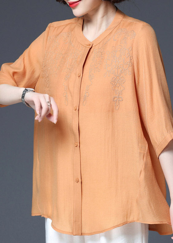 Orange O-Neck Button Top Three Quarter sleeve