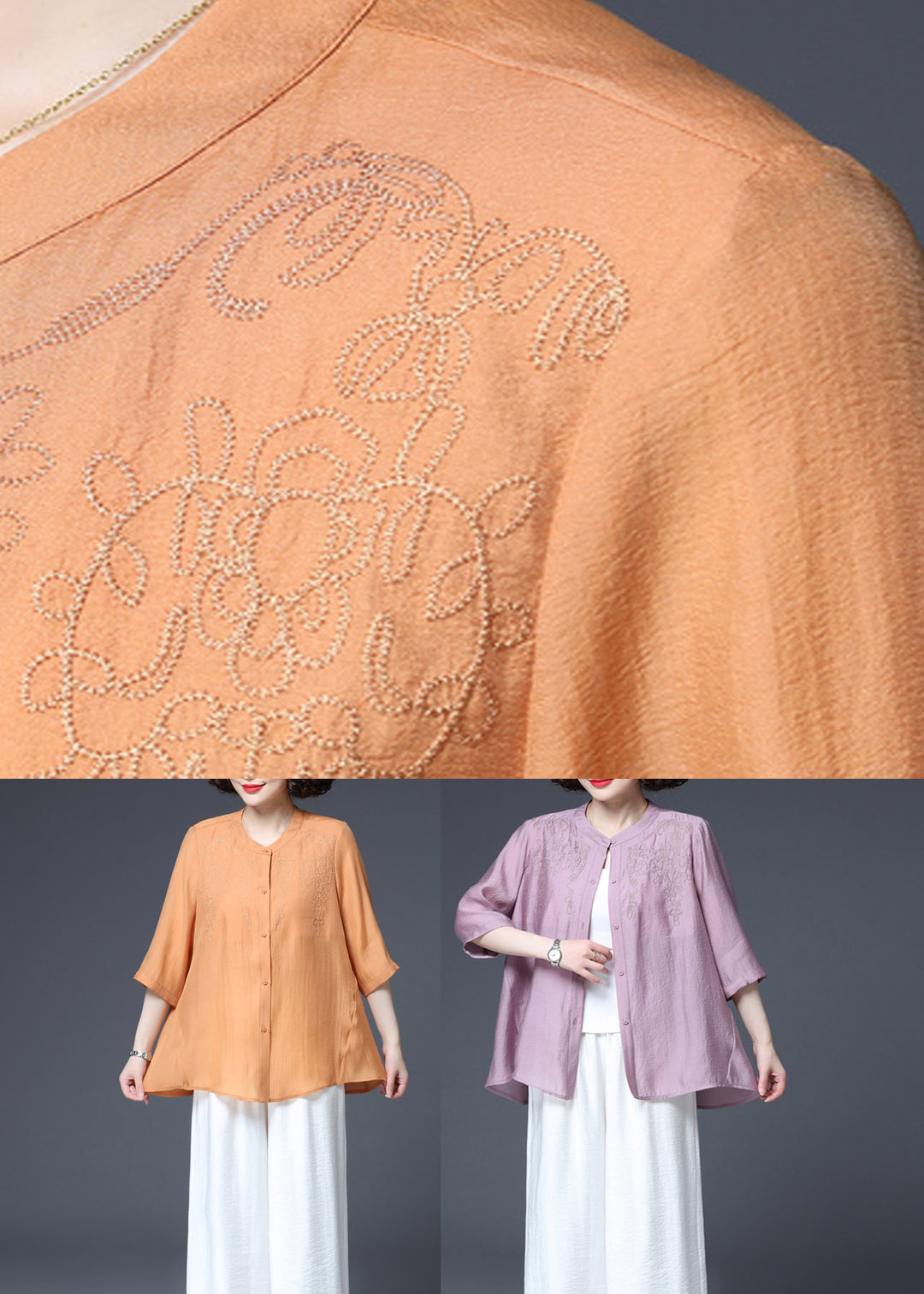 Orange O-Neck Button Top Three Quarter sleeve