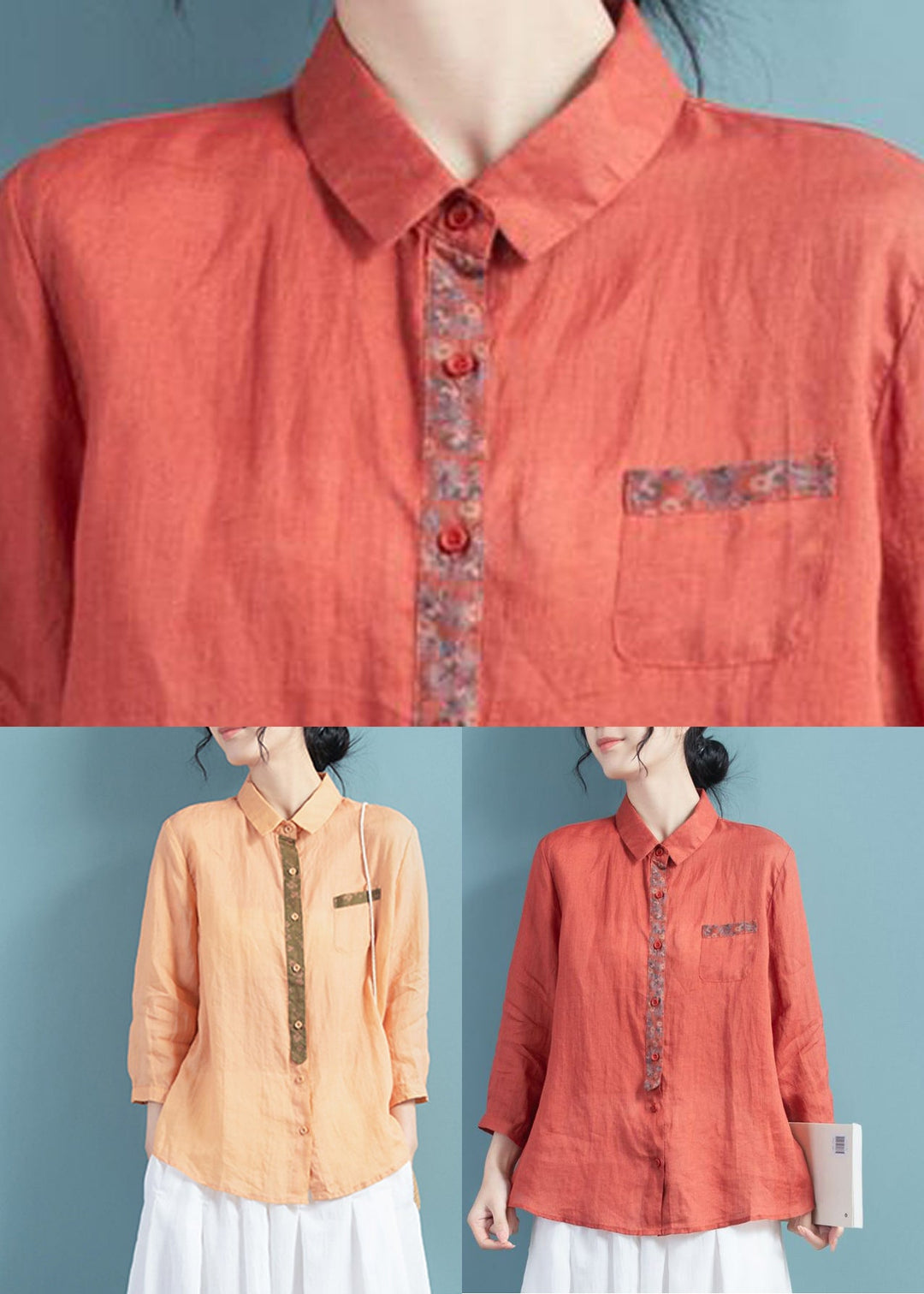 Orange Patchwork Button Ramie Shirts Fall