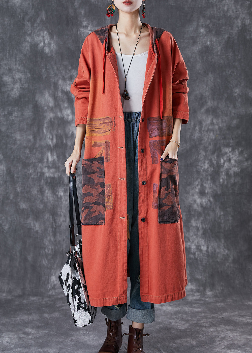 Orange Patchwork Cotton Trench Oversized Big Pockets Fall
