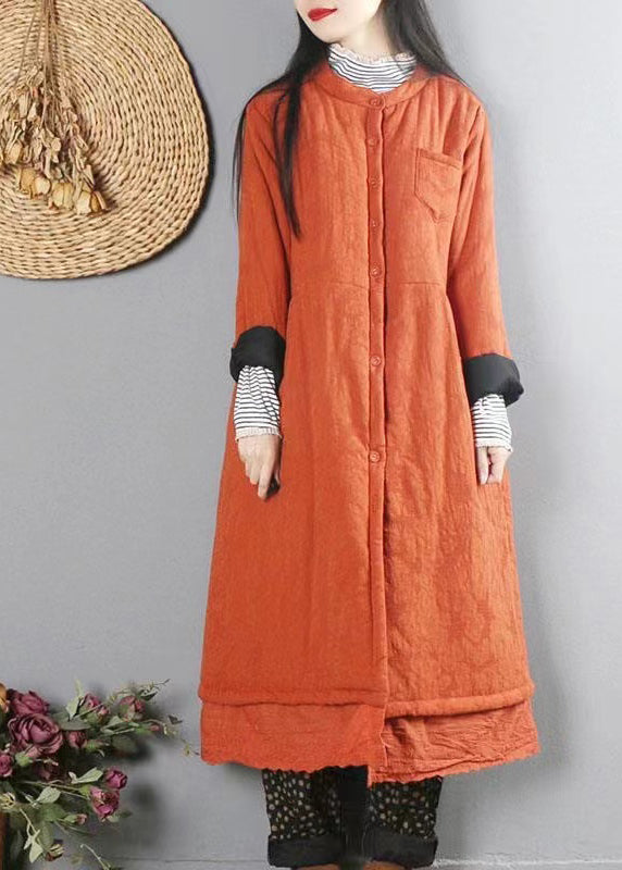 Orange Patchwork Fine Cotton Filled Winter Coats Button Lace