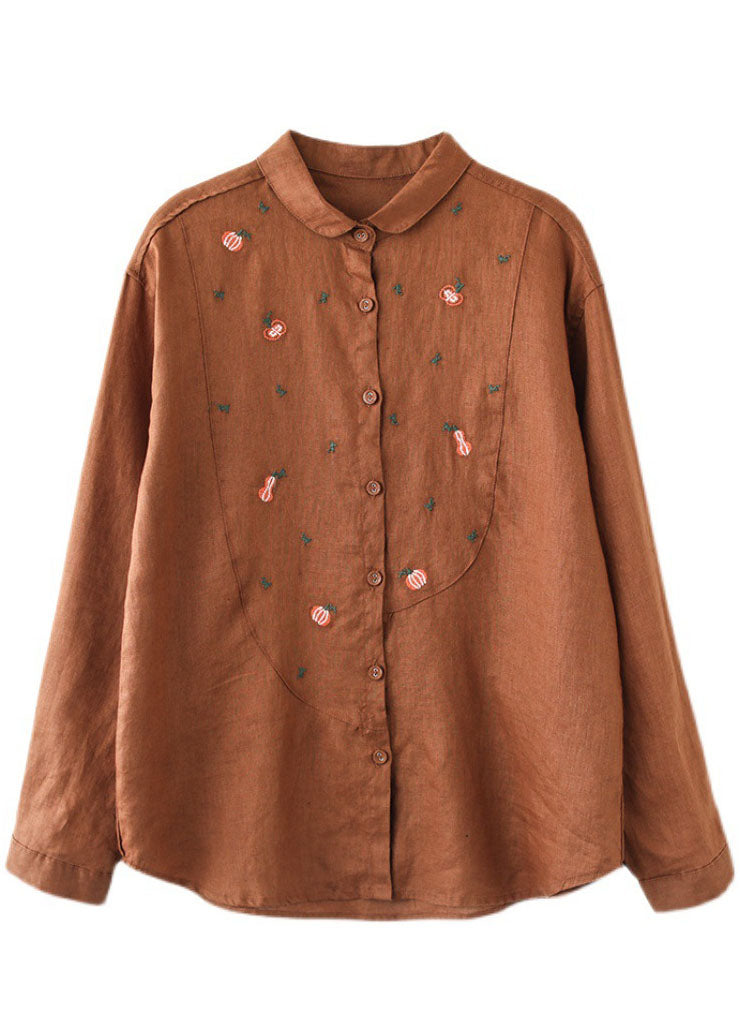 Orange Patchwork Linen Blouses Embroideried Spring