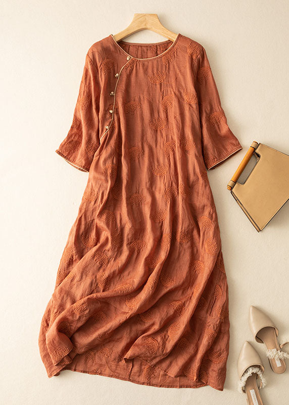 Orange Patchwork Linen Dresses Embroideried Button Bracelet Sleeve