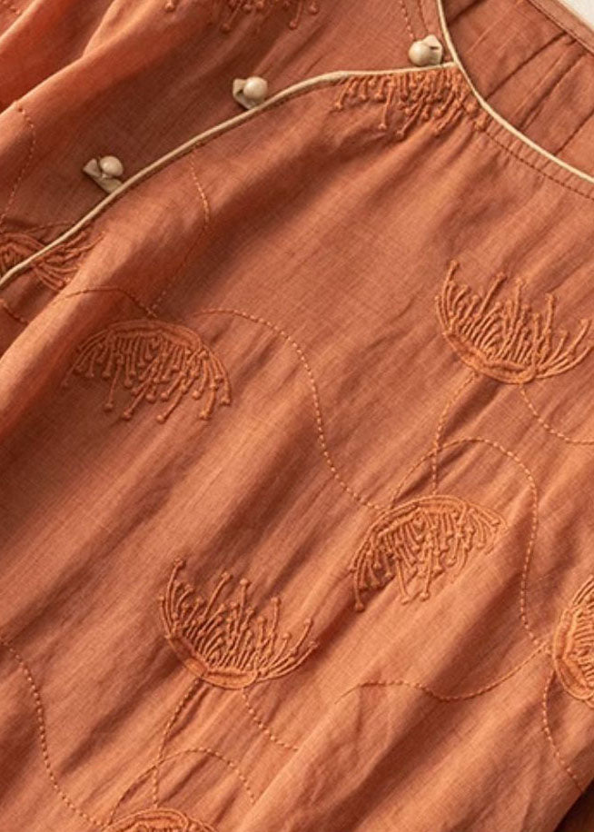 Orange Patchwork Linen Dresses Embroideried Button Bracelet Sleeve