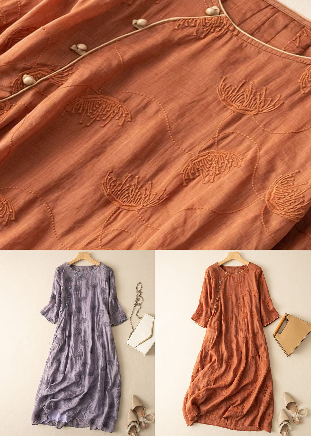Orange Patchwork Linen Dresses Embroideried Button Bracelet Sleeve