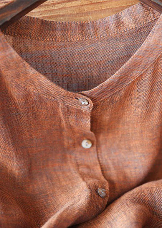 Orange Patchwork Linen Shirt Stand Collar Button Short Sleeve