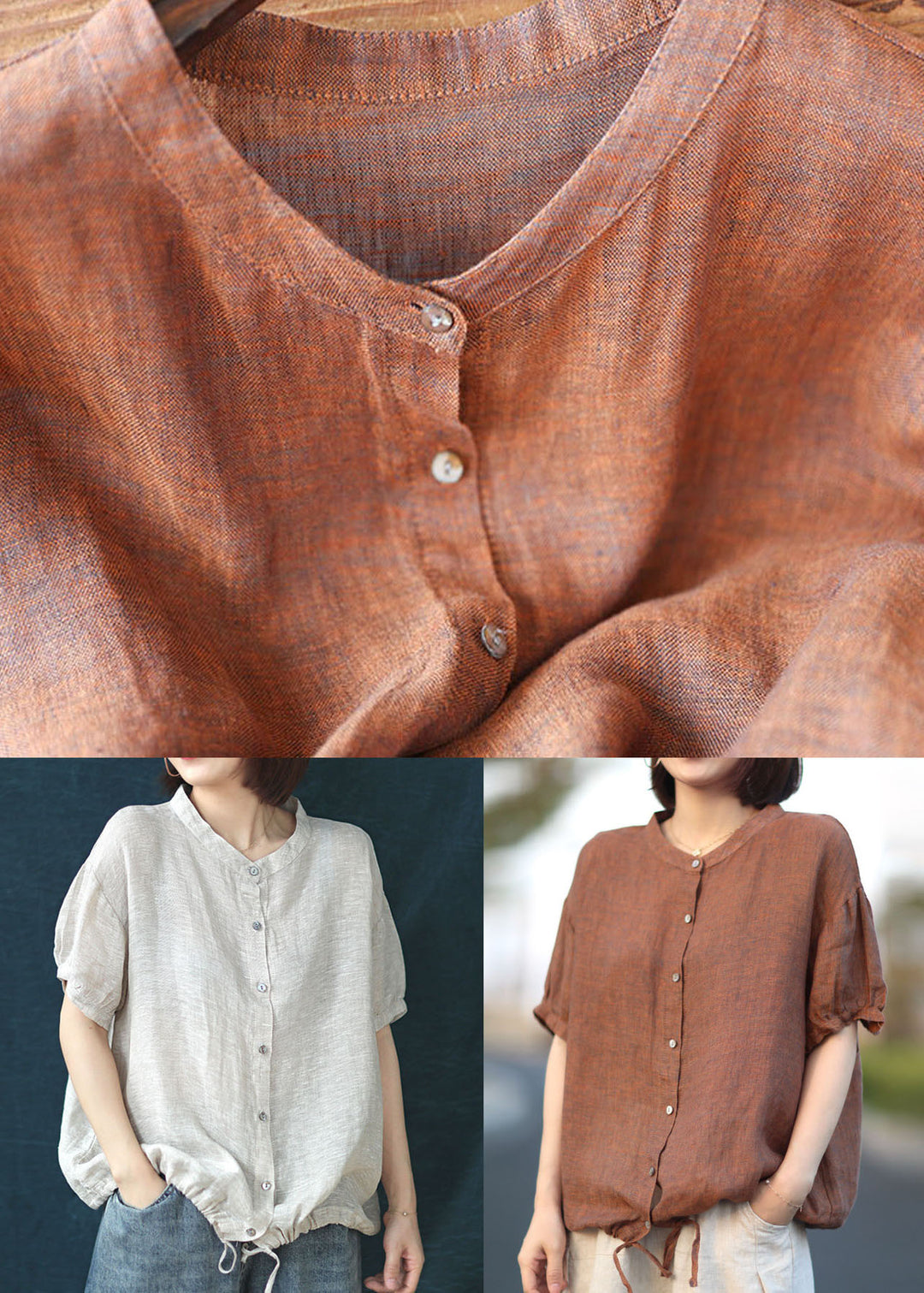 Orange Patchwork Linen Shirt Stand Collar Button Short Sleeve
