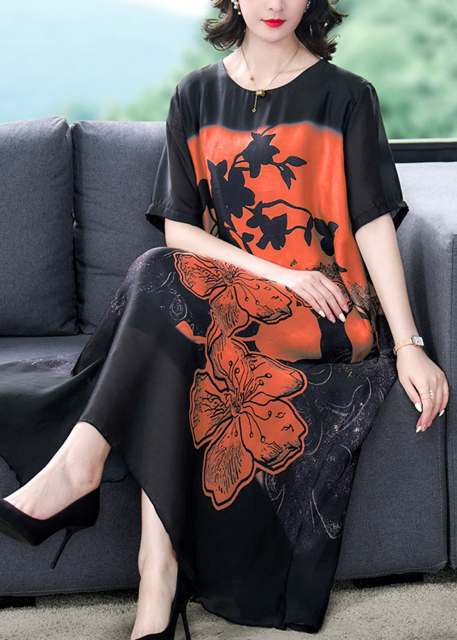 Orange Patchwork Silk Dresses O Neck Asymmetrical Design Summer