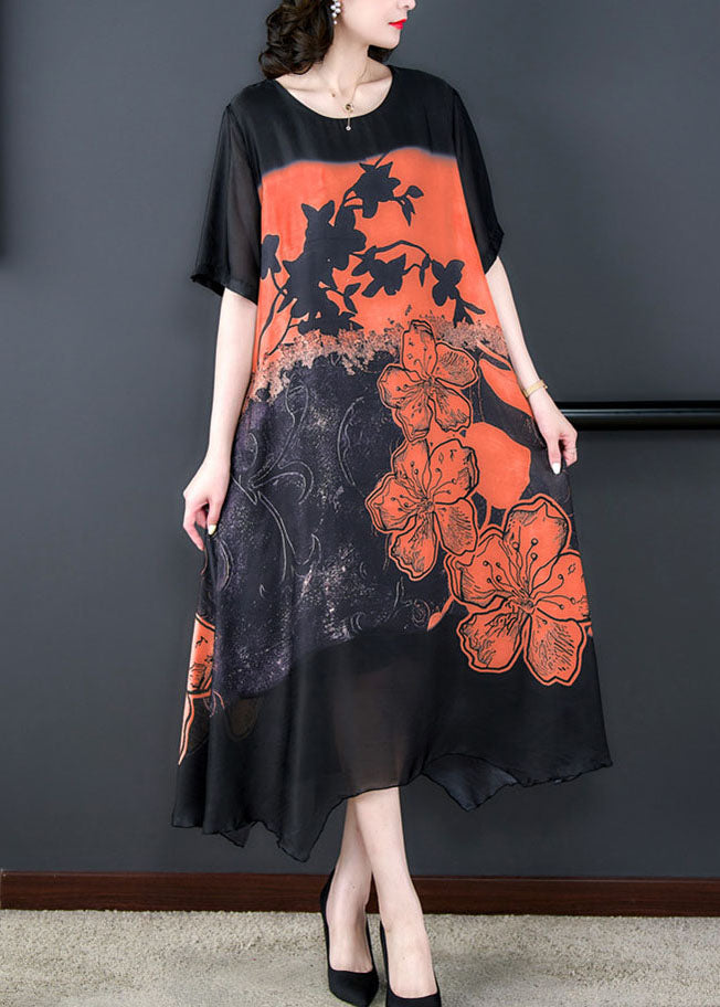 Orange Patchwork Silk Dresses O Neck Asymmetrical Design Summer