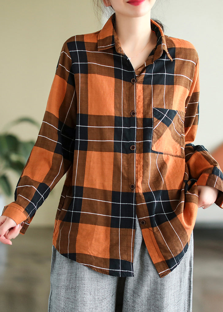 Orange Peter Pan Collar Plaid Pockets Cotton Shirt Long Sleeve