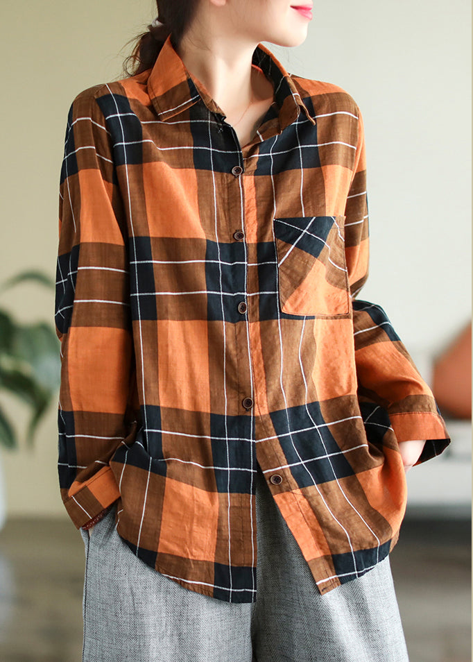 Orange Peter Pan Collar Plaid Pockets Cotton Shirt Long Sleeve