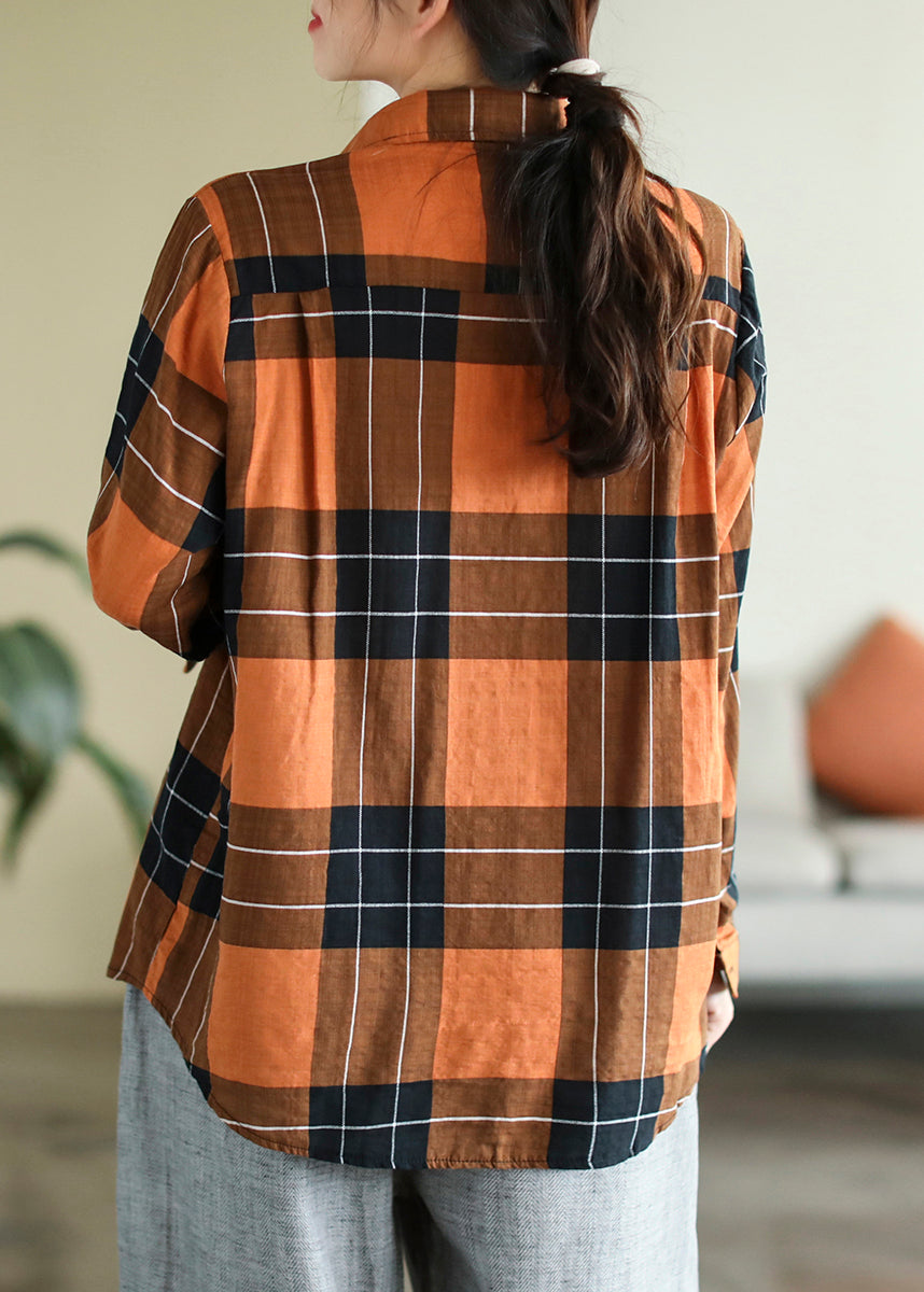 Orange Peter Pan Collar Plaid Pockets Cotton Shirt Long Sleeve