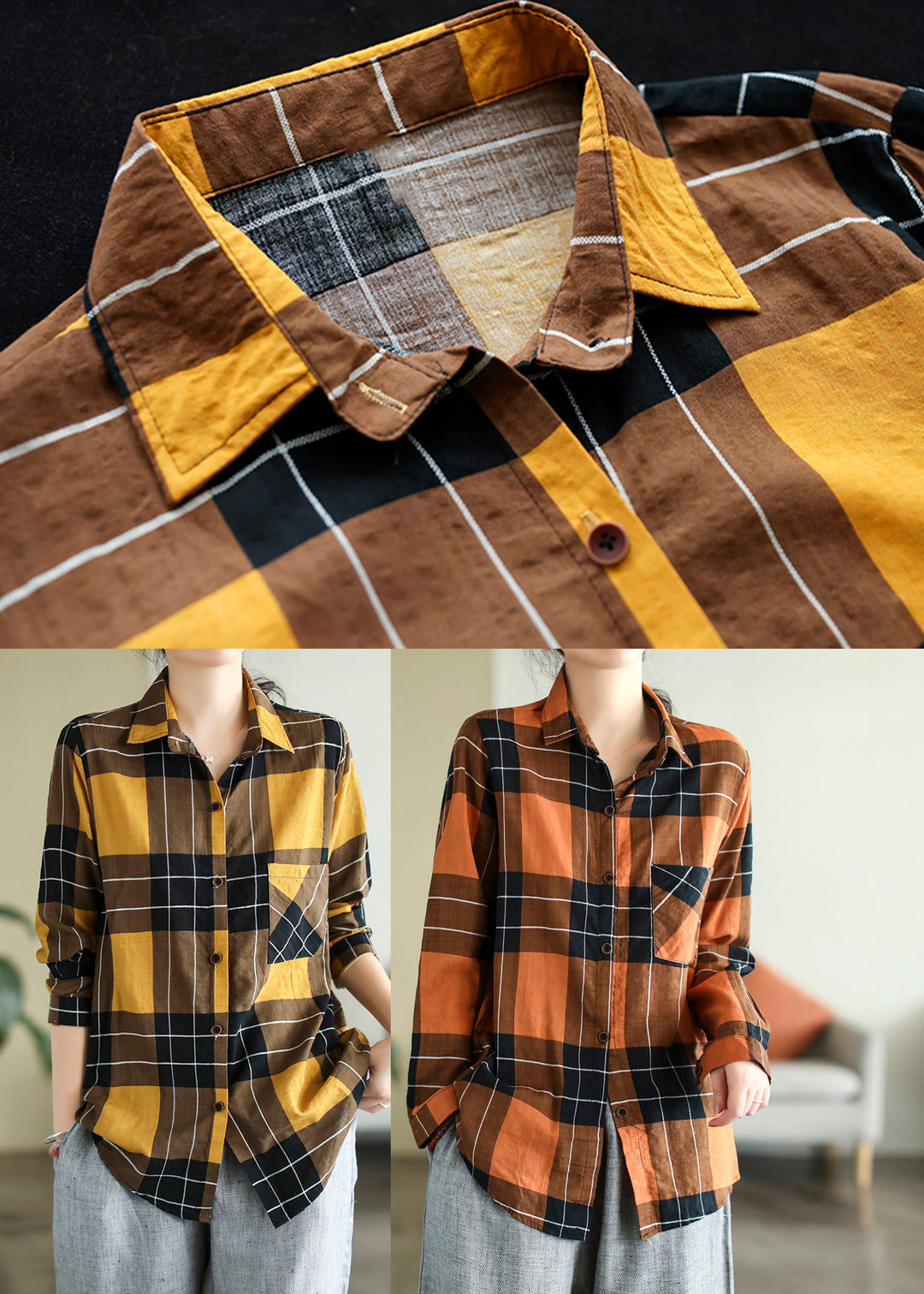 Orange Peter Pan Collar Plaid Pockets Cotton Shirt Long Sleeve