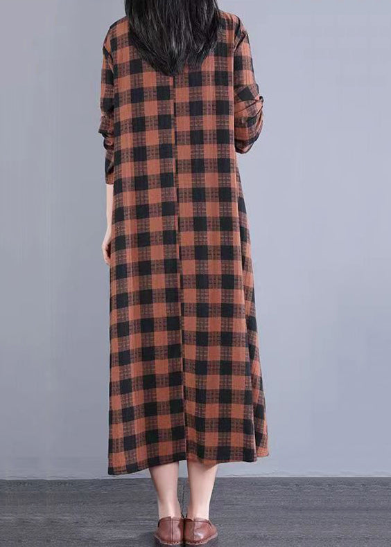 Orange Plaid Patchwork Cotton Dress Stand Collar Pockets Fall