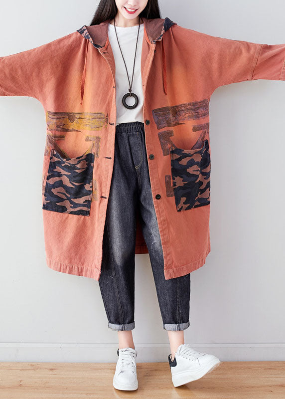 Orange Pockets Patchwork Print Cotton Hoodie Coat Spring