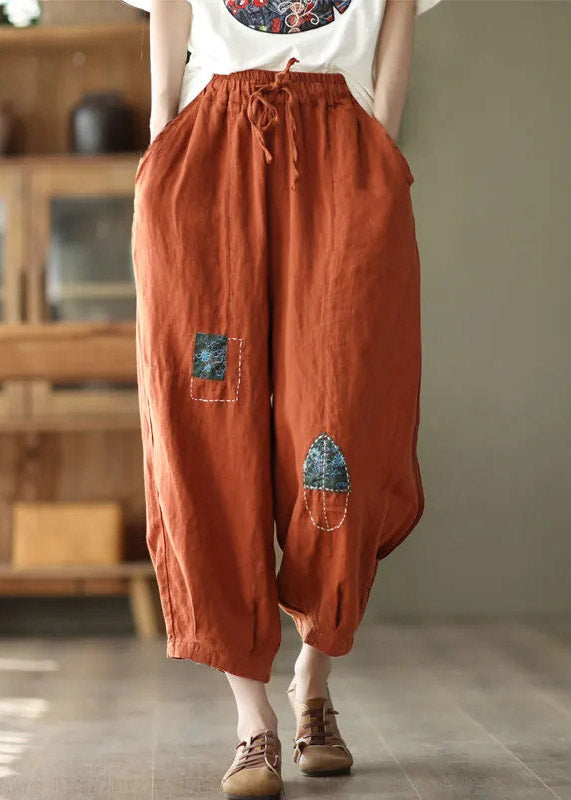 Orange Pockets Tie Waist Linen Harem Pants Summer