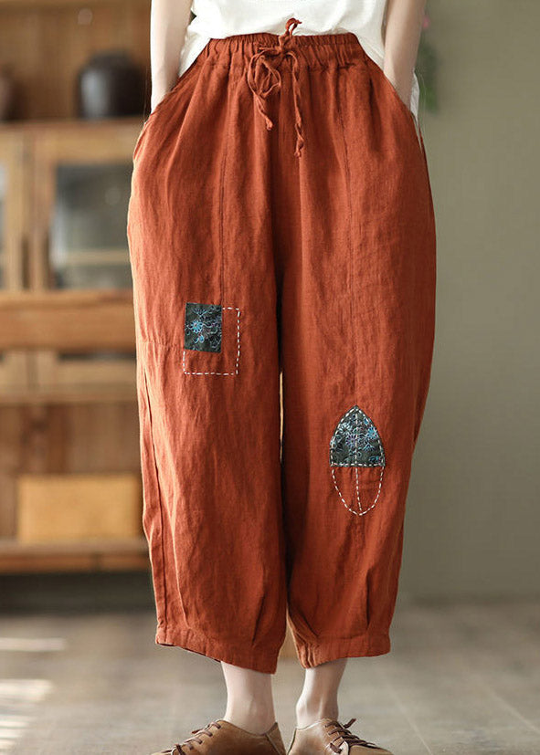 Orange Pockets Tie Waist Linen Harem Pants Summer